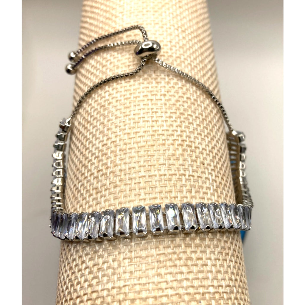 Baguette Silver Overlay Slider Tennis Bracelet Made with Swarovski Elements Sz 9