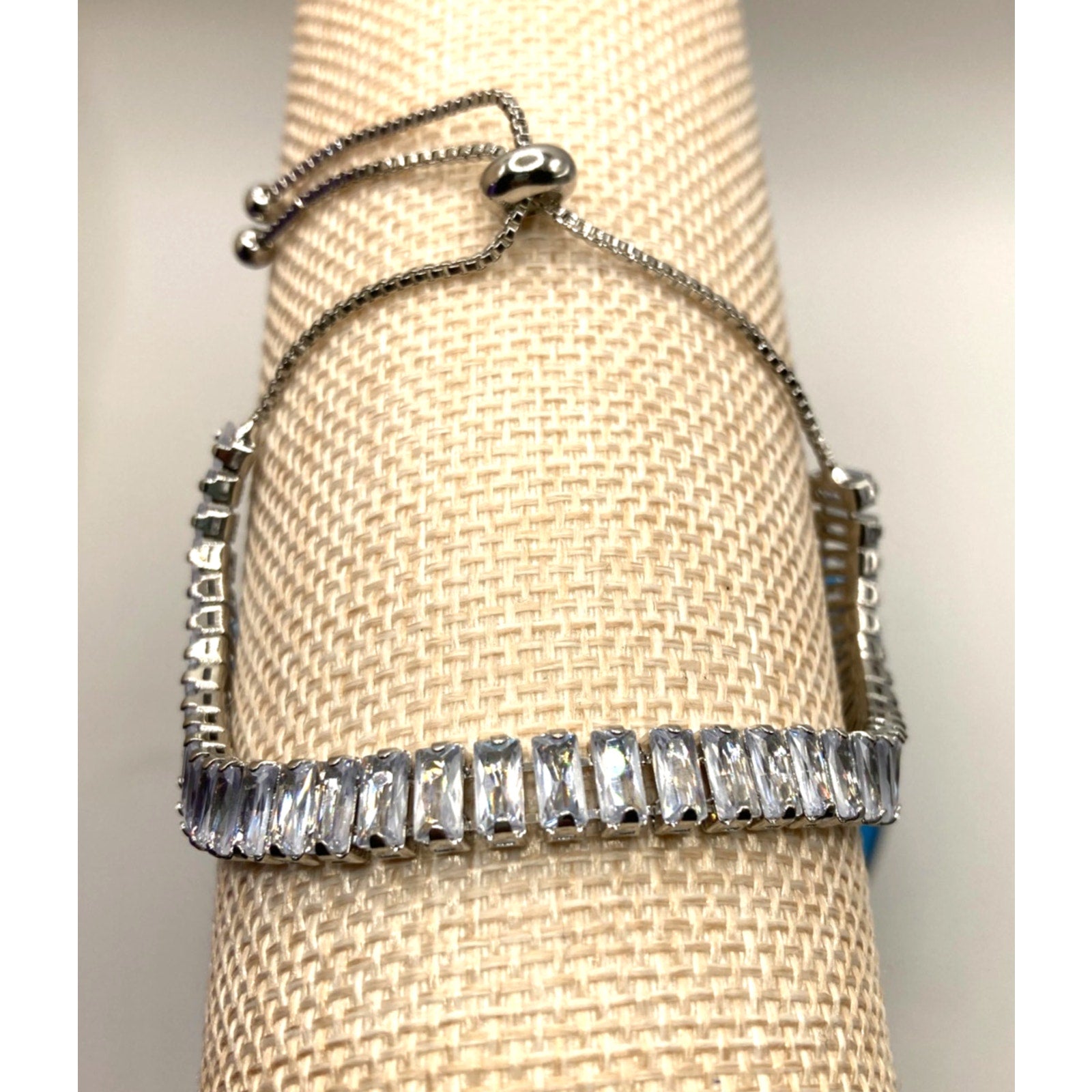 Baguette Silver Overlay Slider Tennis Bracelet Made with Swarovski Elements Sz 9