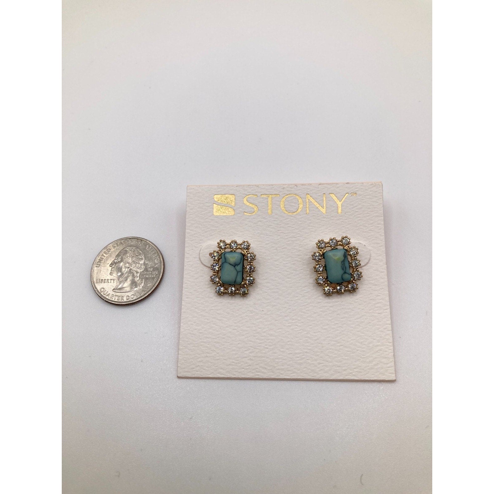 STONY Gold Tone Dainty Blue Marble Faux Stone Rectangle Stud Earrings Rhinestone
