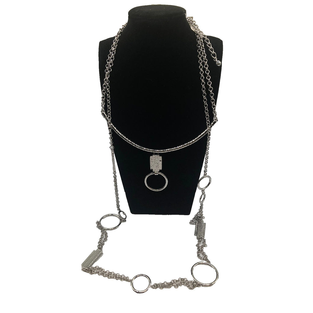CHICO'S Hammered Silver Tone Geometric Two-Tiered Layered 16" Statement Necklace