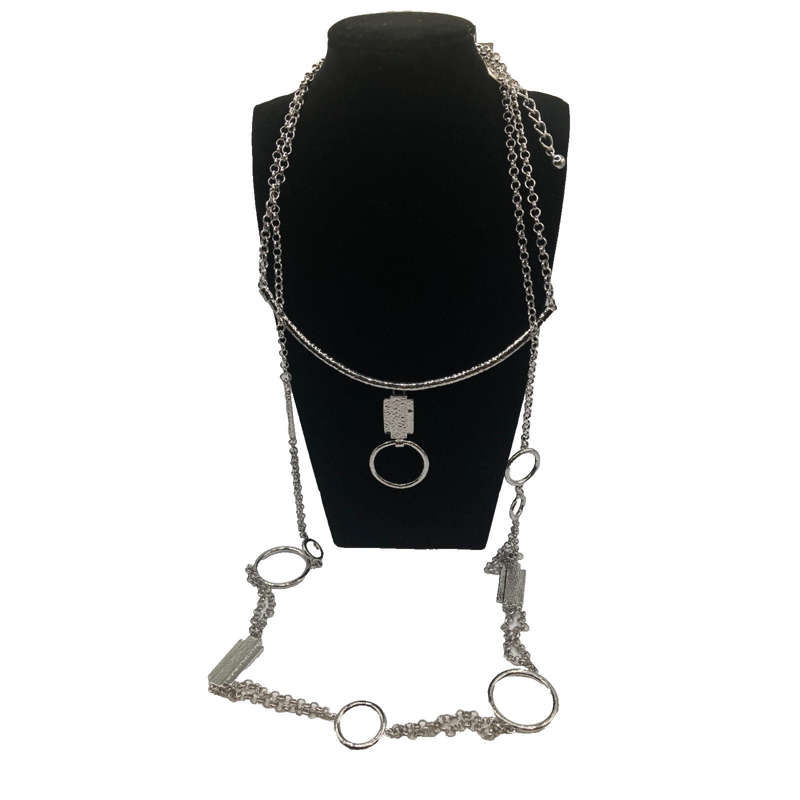CHICO'S Hammered Silver Tone Geometric Two-Tiered Layered 16" Statement Necklace