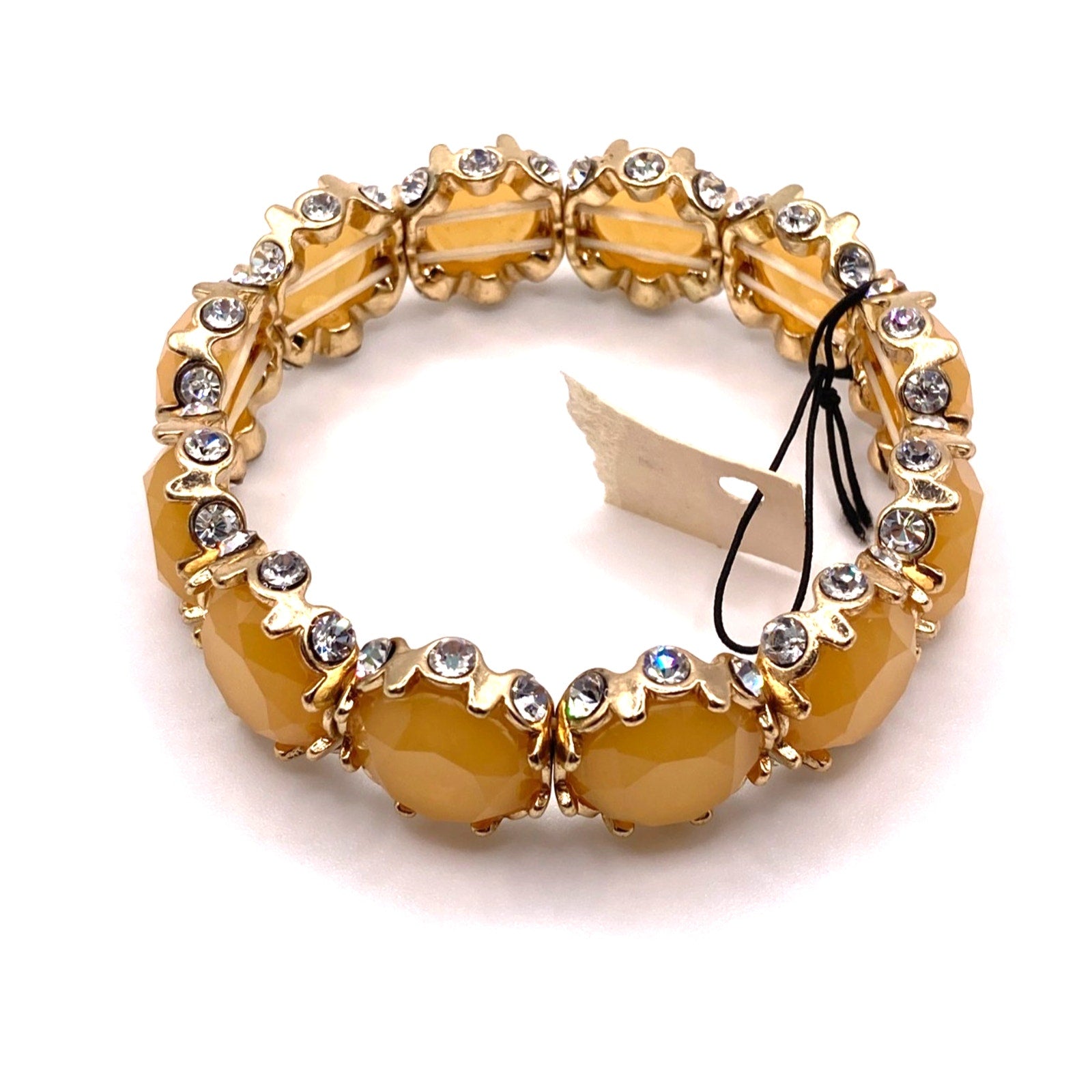 STONY Gold Tone Neutral Melon Colored Stretch Bracelet w/ Rhinestone Sz 6.5