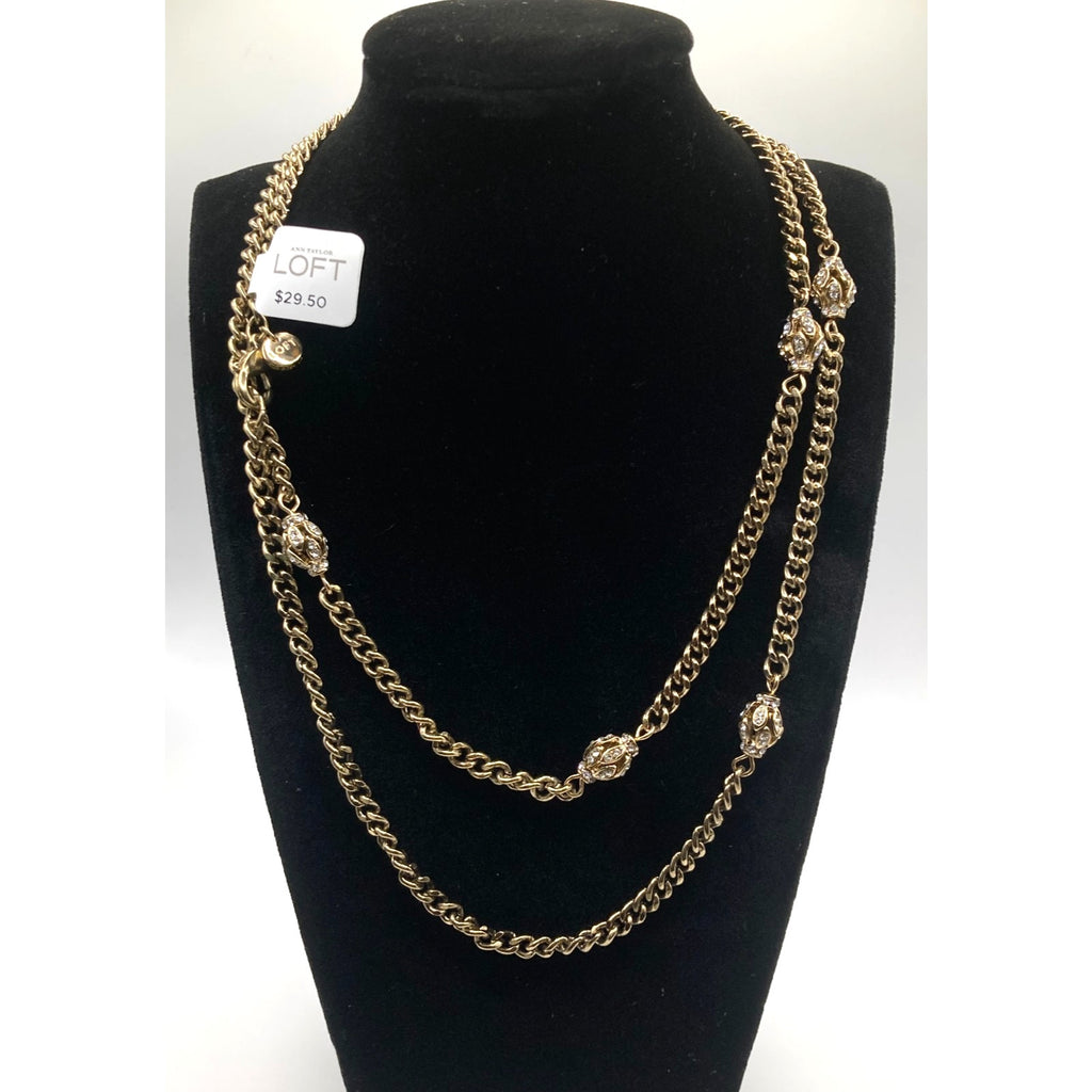 LOFT Gold Tone Vintage Inspired Rhinestone Eggs Station Curb Chain Necklace 32"