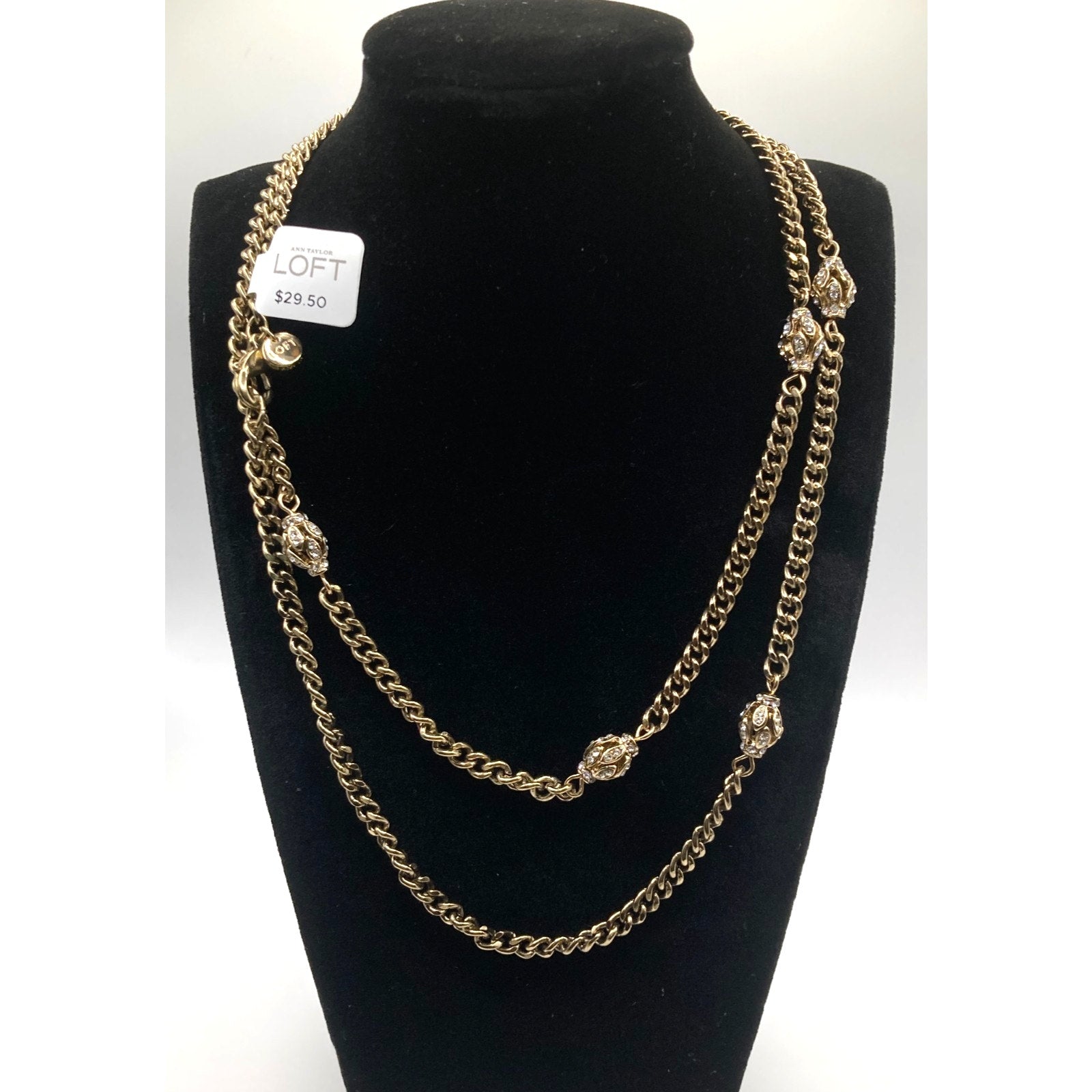 LOFT Gold Tone Vintage Inspired Rhinestone Eggs Station Curb Chain Necklace 32"