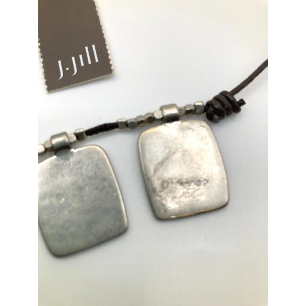 NWT J. Jill Worn Silver Tone Squares & Black Cord Boho Necklace Imperfect NOS*
