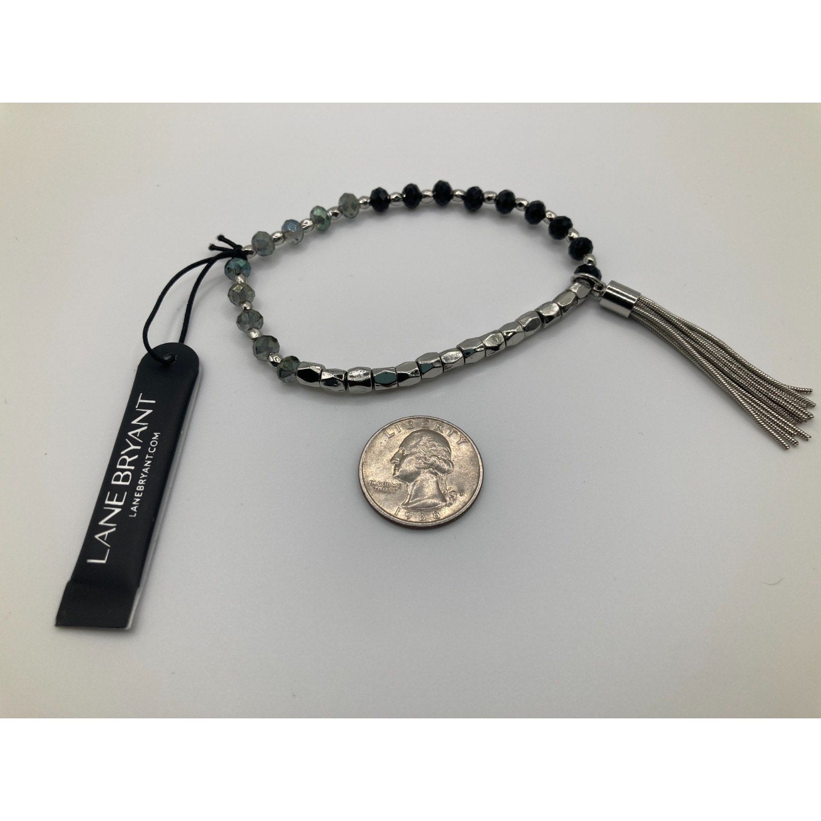 LANE BRYANT Metal & Black Gray Beaded Bracelet w/ Metal Tassel | $39 Retail