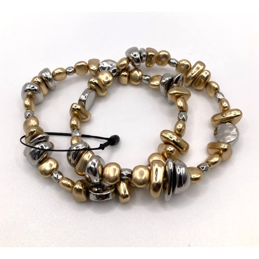 Boho Flintstone Style Silver & Gold Tone Beaded Stretch Bracelet Set Size 7