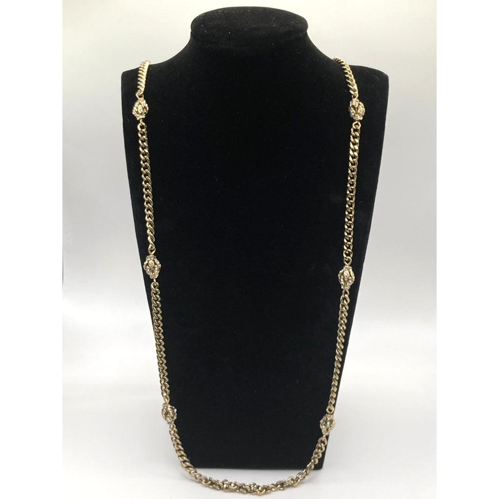LOFT Gold Tone Vintage Inspired Rhinestone Eggs Station Curb Chain Necklace 32"