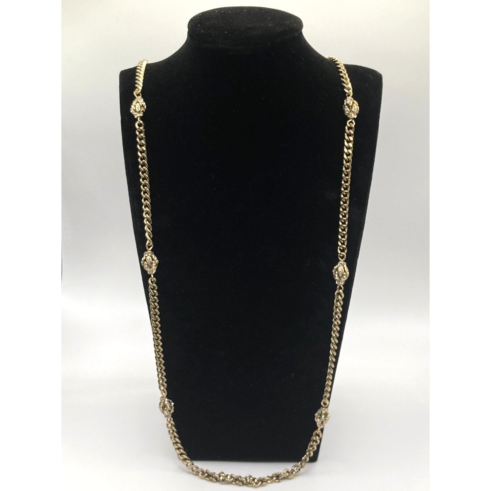 LOFT Gold Tone Vintage Inspired Rhinestone Eggs Station Curb Chain Necklace 32"