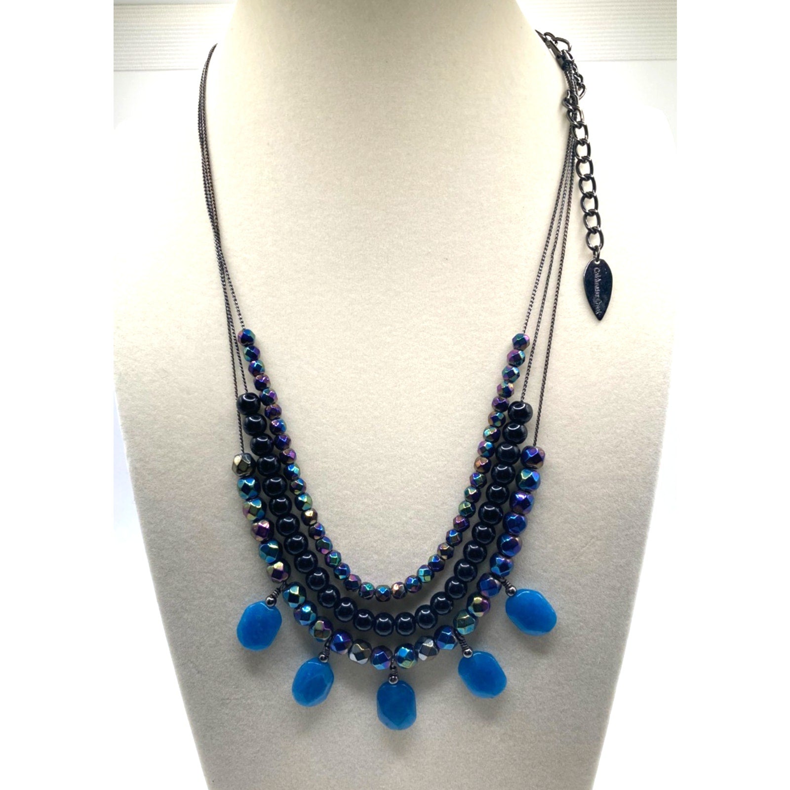 Coldwater Creek Blue Black Iridescent Aurora Borealis Layered Stone Necklace 18"