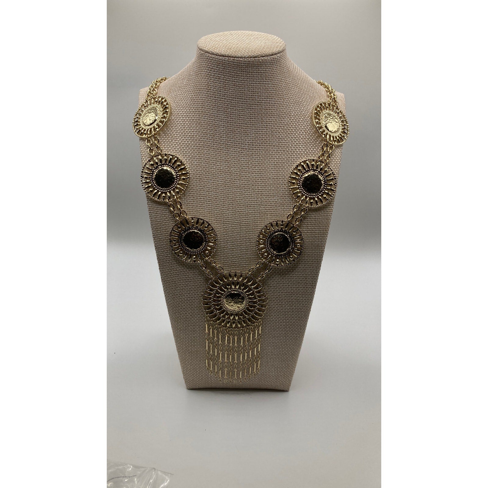 EXPRESS Metallic Gold Tone Tribal Boho Circle Station Statement Necklace 21" NEW