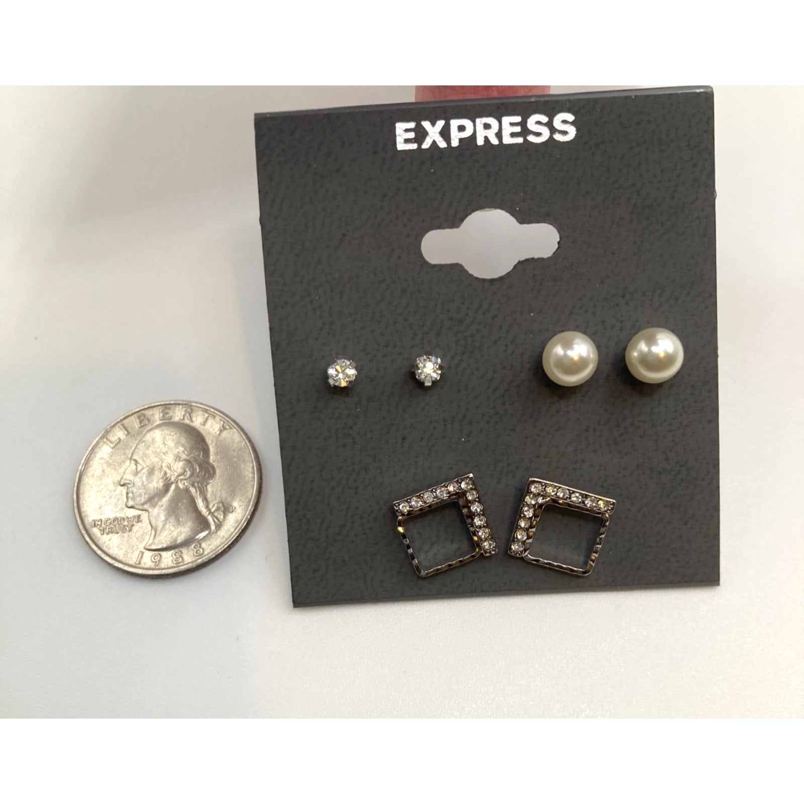 EXPRESS Silver Tone Dainty Stud Earrings 3-Pair Set Rhinestone Faux Pearl NEW
