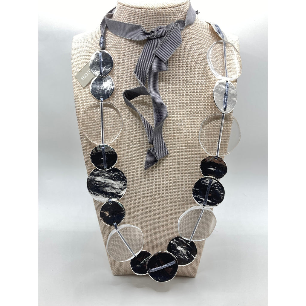 CHICO'S Textured Silver Tone & Translucent Shimmery Coins/Discs Station Necklace