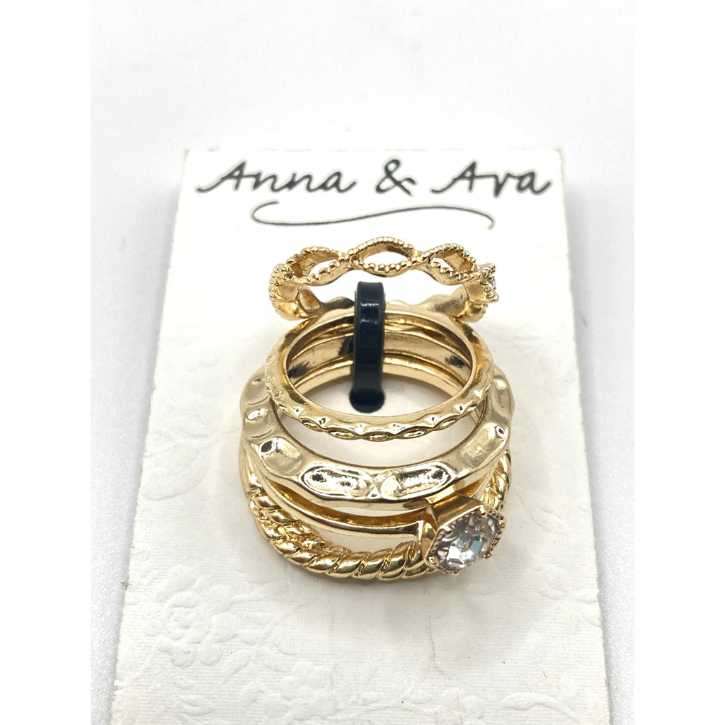 ANNA & AVA Women's 5-Stack Ring Set Gold Tone Hammered, Braided, Faux Stone NEW