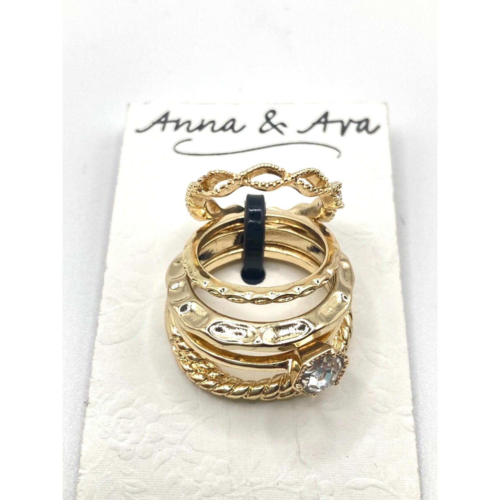 ANNA & AVA Women's 5-Stack Ring Set Gold Tone Hammered, Braided, Faux Stone NEW