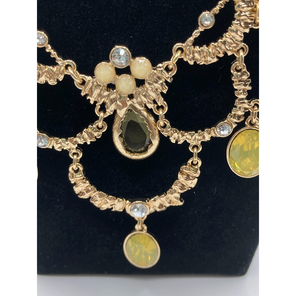 STONY Gold Tone Brutalist Statement Necklace w/ Green Teardrop Glass Stones 15"