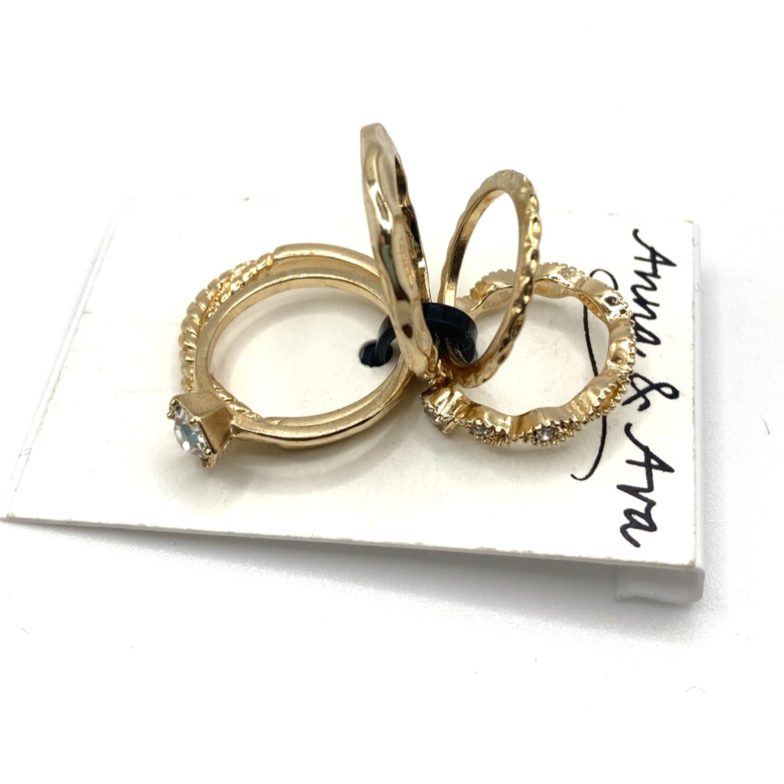 ANNA & AVA Women's 5-Stack Ring Set Gold Tone Hammered, Braided, Faux Stone NEW