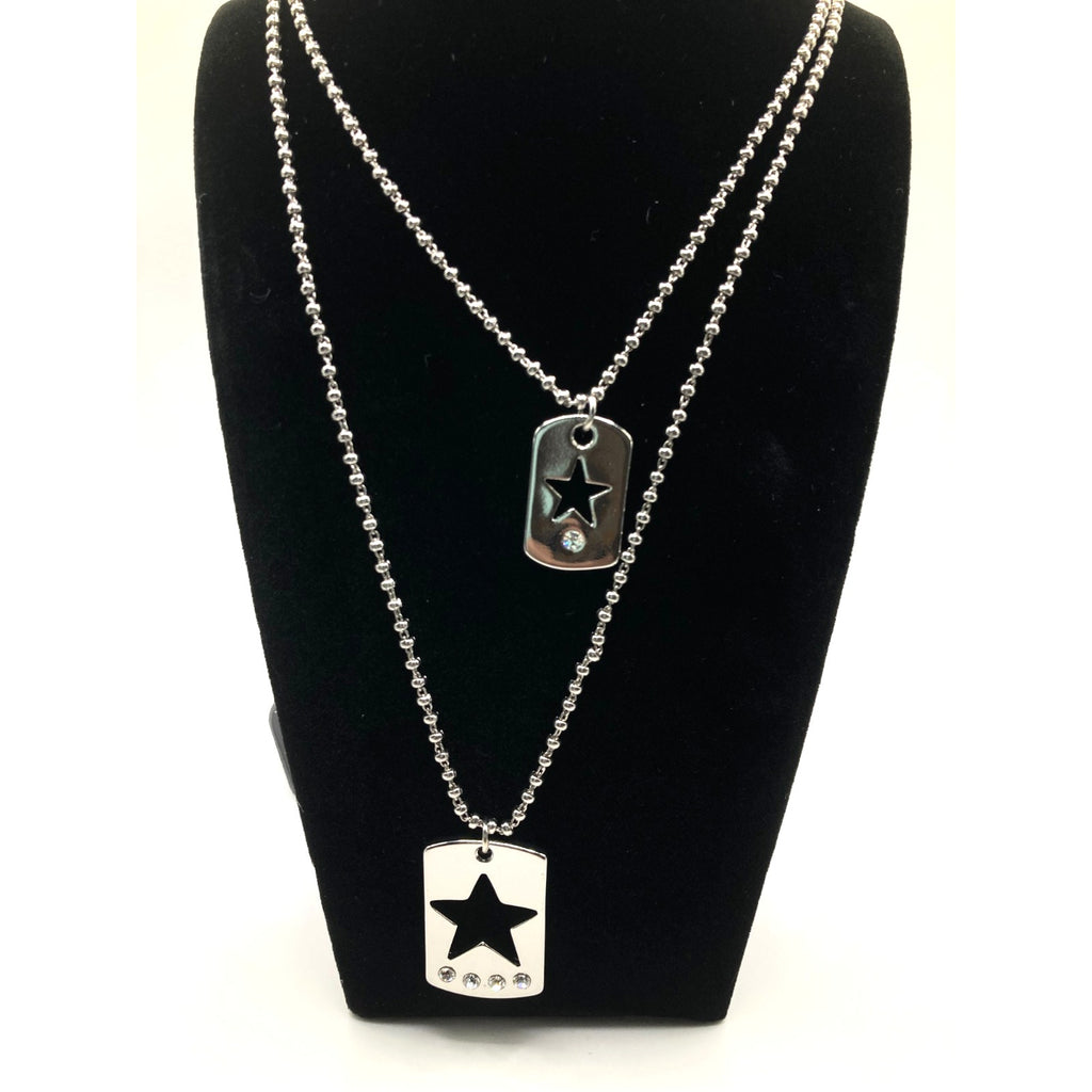 LANE BRYANT Silver Tone Star Cutout Dog Tag Necklaces w/ Rhinestone 28" & 34"