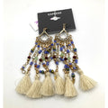 EXPRESS Boho Gold Tone Blue Beaded w/ Fabric Tassel Chandelier Drop Earrings