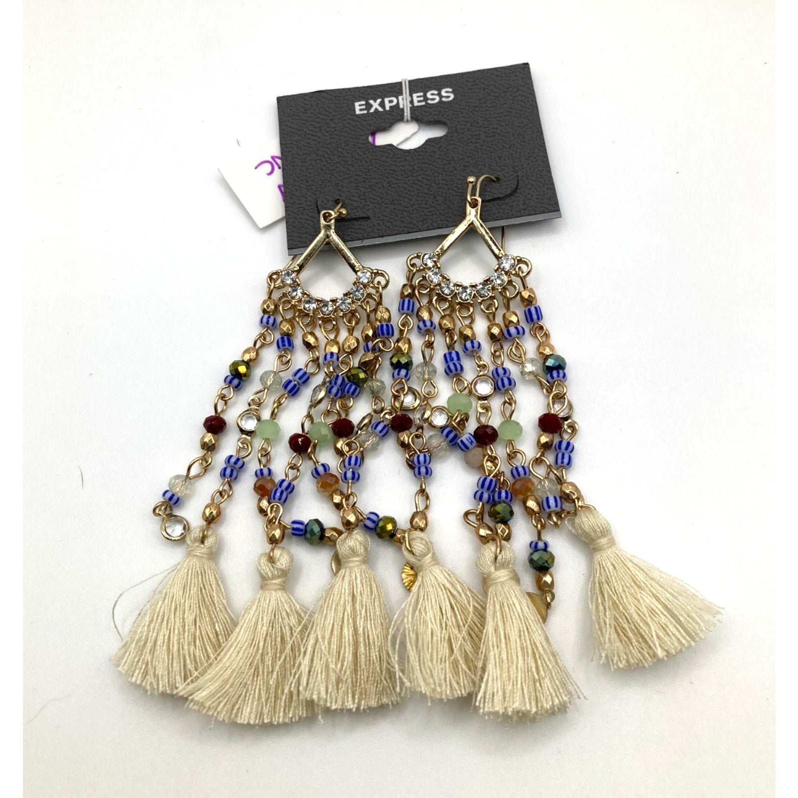 EXPRESS Boho Gold Tone Blue Beaded w/ Fabric Tassel Chandelier Drop Earrings