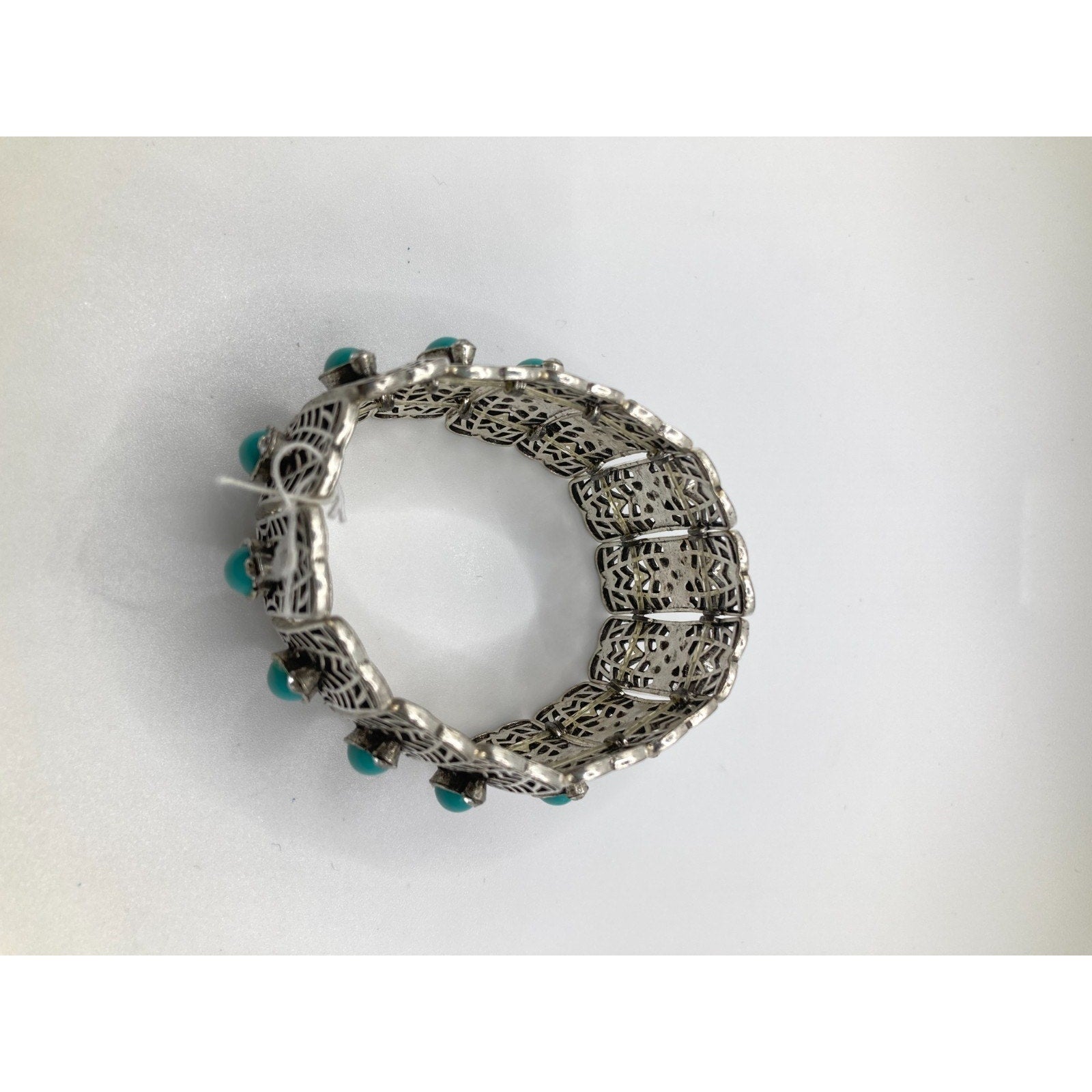 Medieval Gothic Western Silver Tone Faceted Faux Turquoise Stretch Bracelet Sz.7