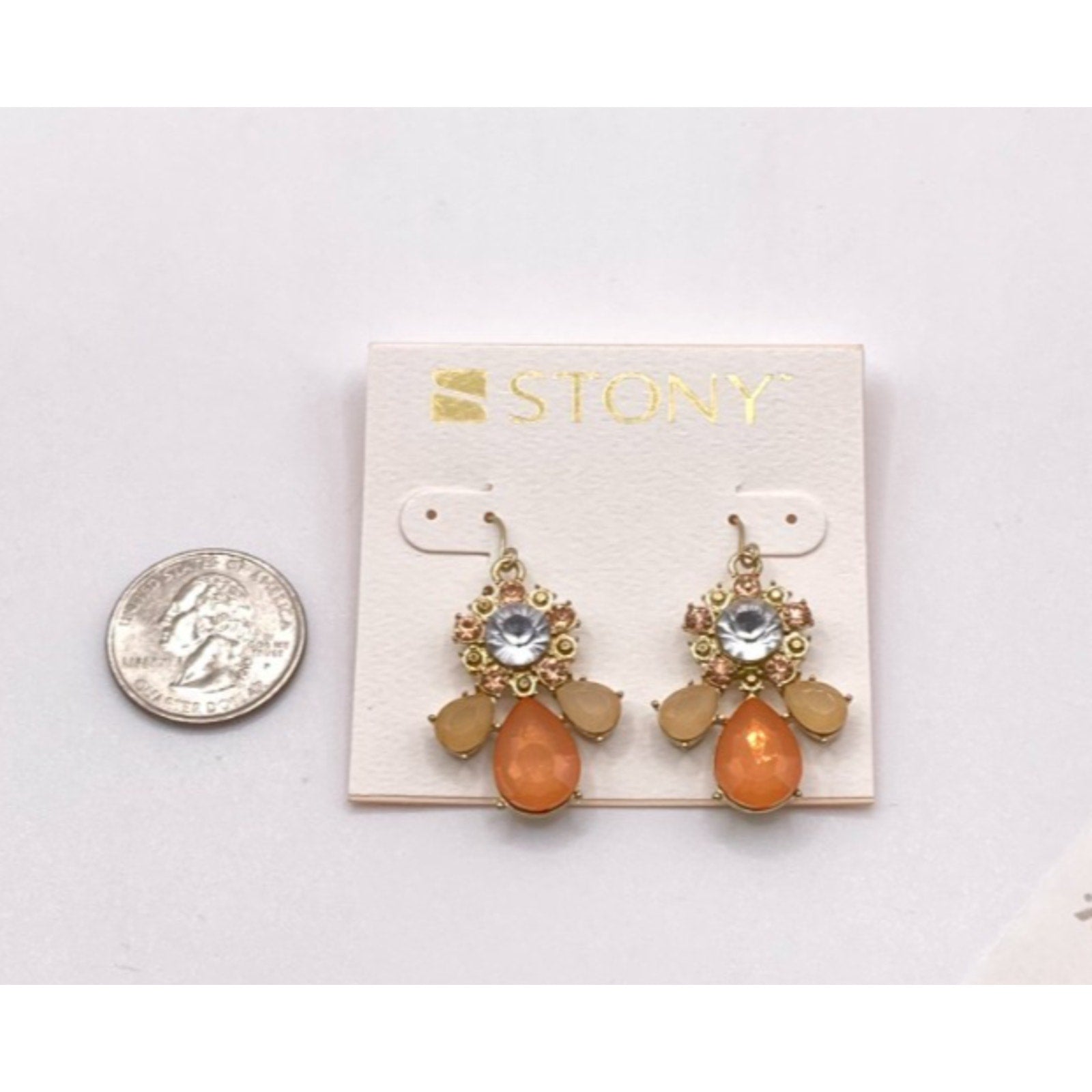 STONY Gold Tone Orange Tan & Cloudy Clear Acrylic Stone Drop Dangle Earrings 1"