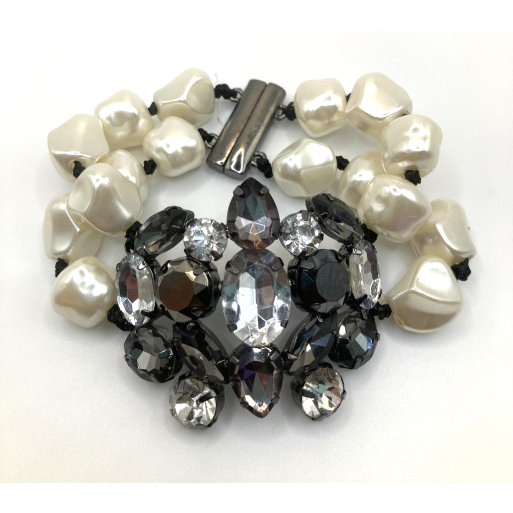 Brooch-Style Faux Pearls Gunmetal Tones Rhinestone 2 Row Magnetic Clasp Bracelet