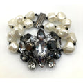 Brooch-Style Faux Pearls Gunmetal Tones Rhinestone 2 Row Magnetic Clasp Bracelet