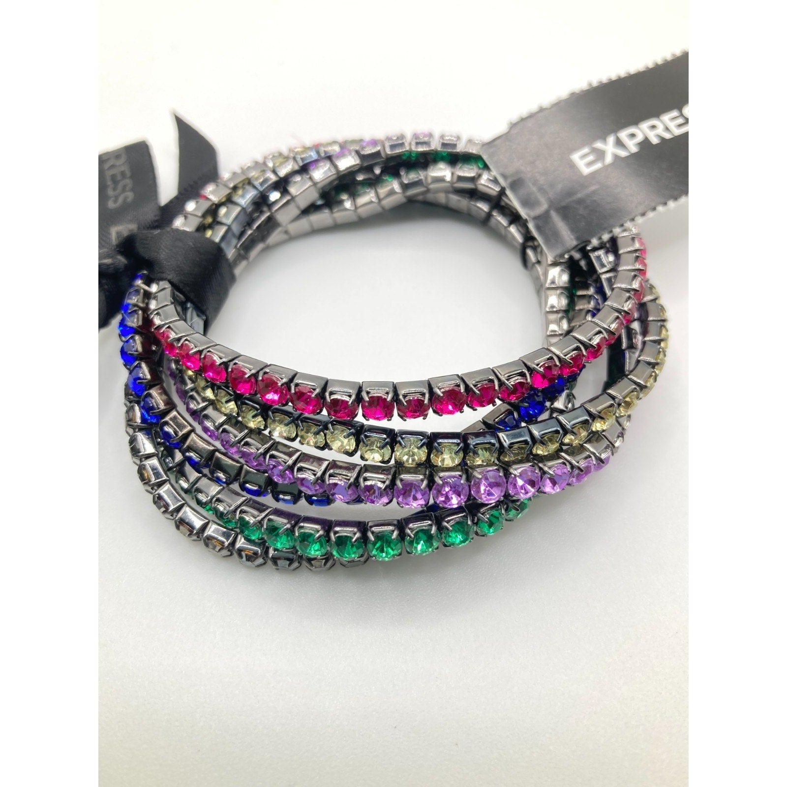 EXPRESS Multicolor Rhinestone on Grey Tone Metal Stretch Bracelets Set