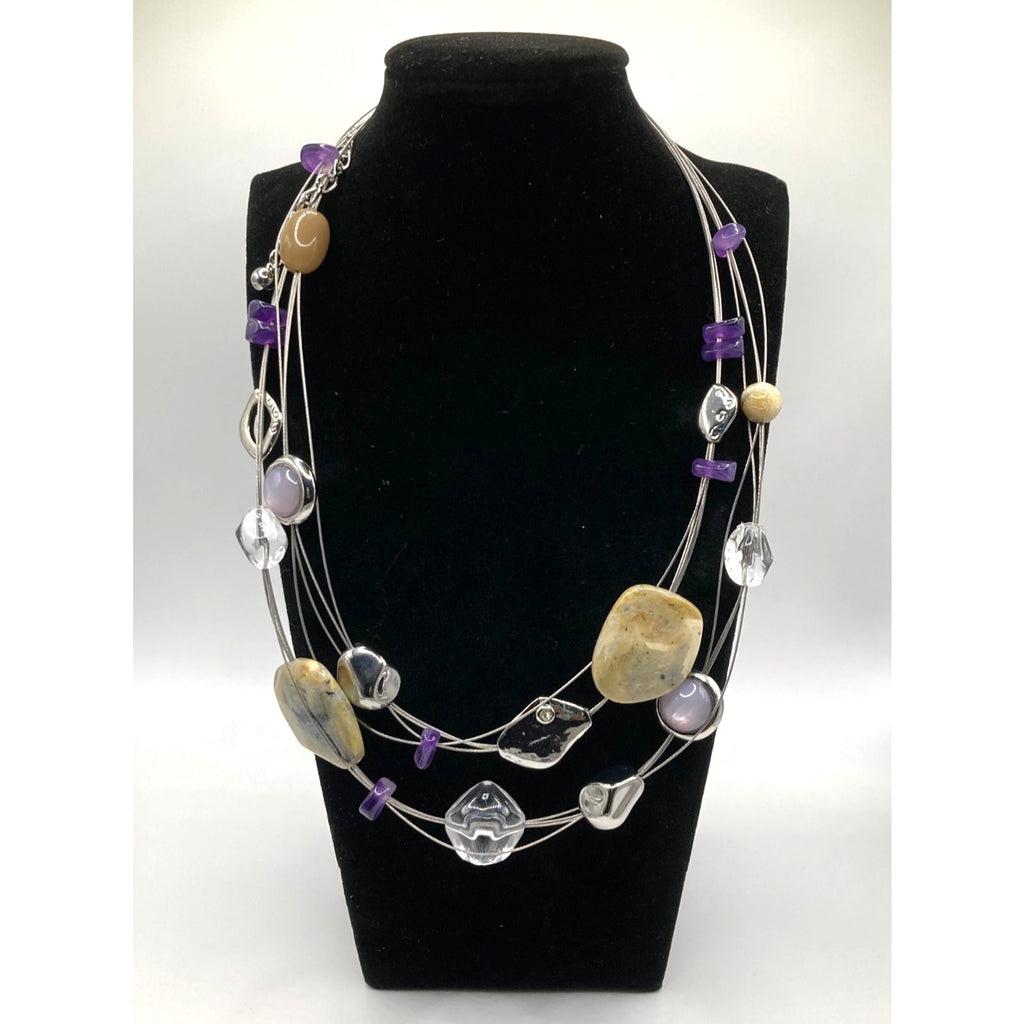 CHICO'S Silver Tone Purple, Silver And Earthy Bead Necklace On Wire Stands 17.5"