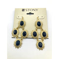 STONY Gold Tone and Navy Blue Faux Stone Spike Fringe Oval Drop Earrings 2"