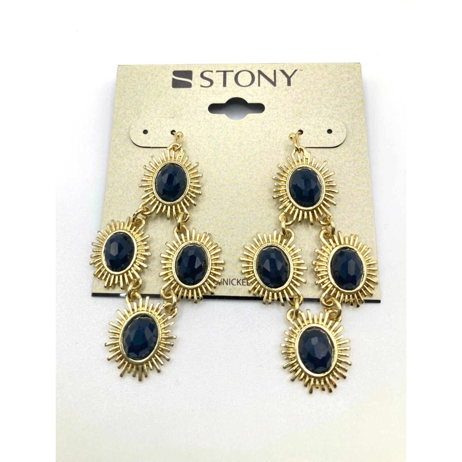 STONY Gold Tone and Navy Blue Faux Stone Spike Fringe Oval Drop Earrings 2"