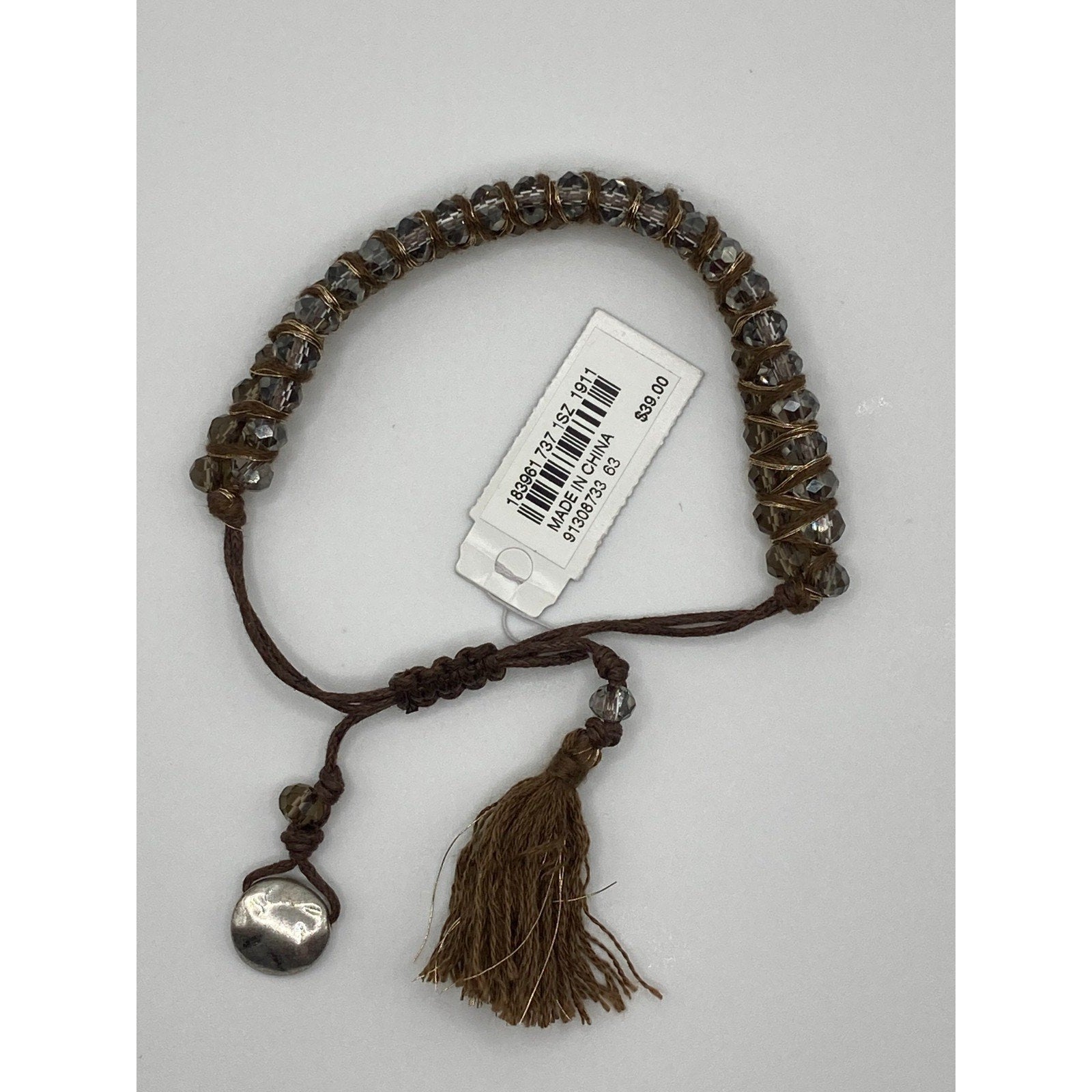 J JILL Crystal Beads Wrapped stranded Brown Cord Bracelet W Tassel | $39 Retail