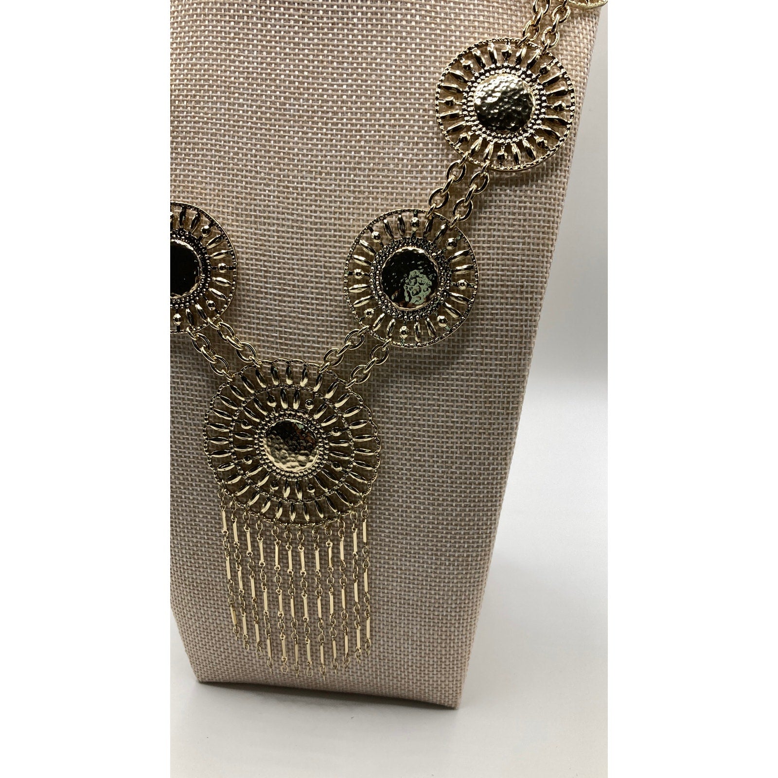 EXPRESS Metallic Gold Tone Tribal Boho Circle Station Statement Necklace 21" NEW