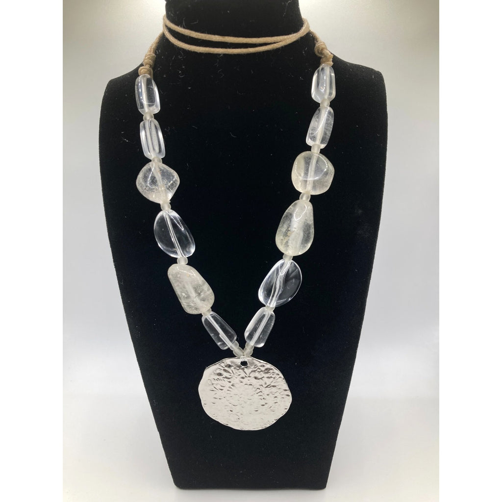 Hammered Embossed Silver Tone Pendant w/ Glass Stone 22" Cord Statement Necklace