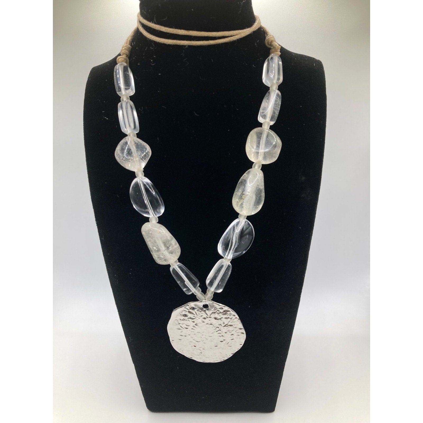 Hammered Embossed Silver Tone Pendant w/ Glass Stone 22" Cord Statement Necklace