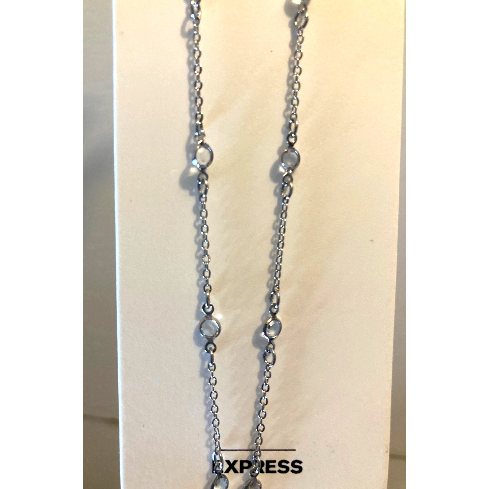 EXPRESS Silver Tone Clear Crystal Station Y Drop Sautoir Necklace 22"+ NEW