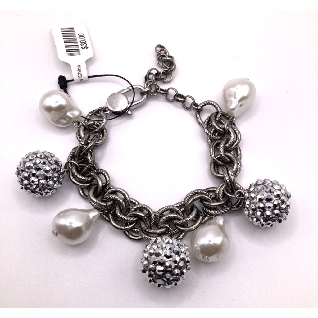 Silver Grey Tone Thick Chunky Cable & Faux Pearls Plus Size Friendly Bracelet