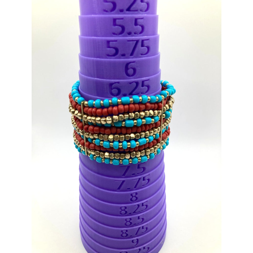 Multi-layered Stacked Western Vivid Red, Gold, Turquoise Bracelet Size 7.25