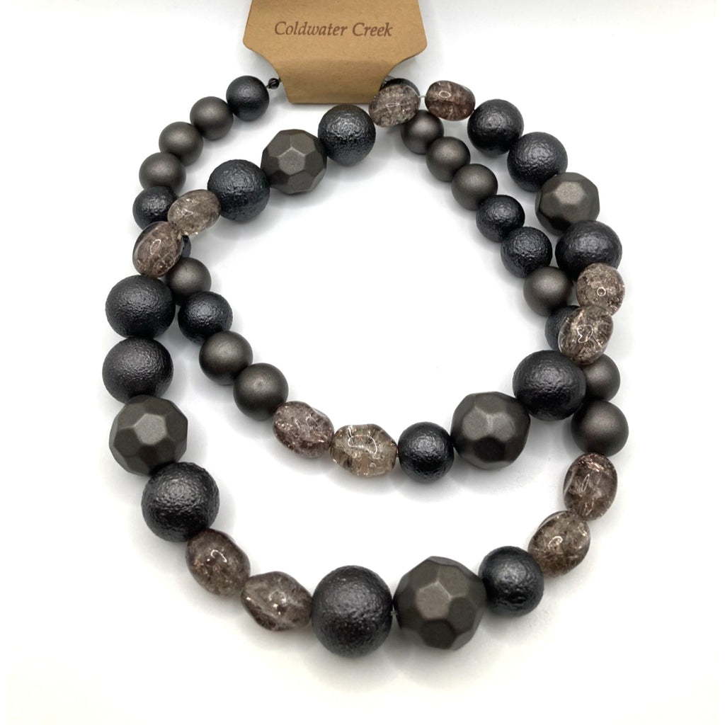 Coldwater Creek Long Geometric Gray Clear Textured Graduated Beaded Necklace 30"
