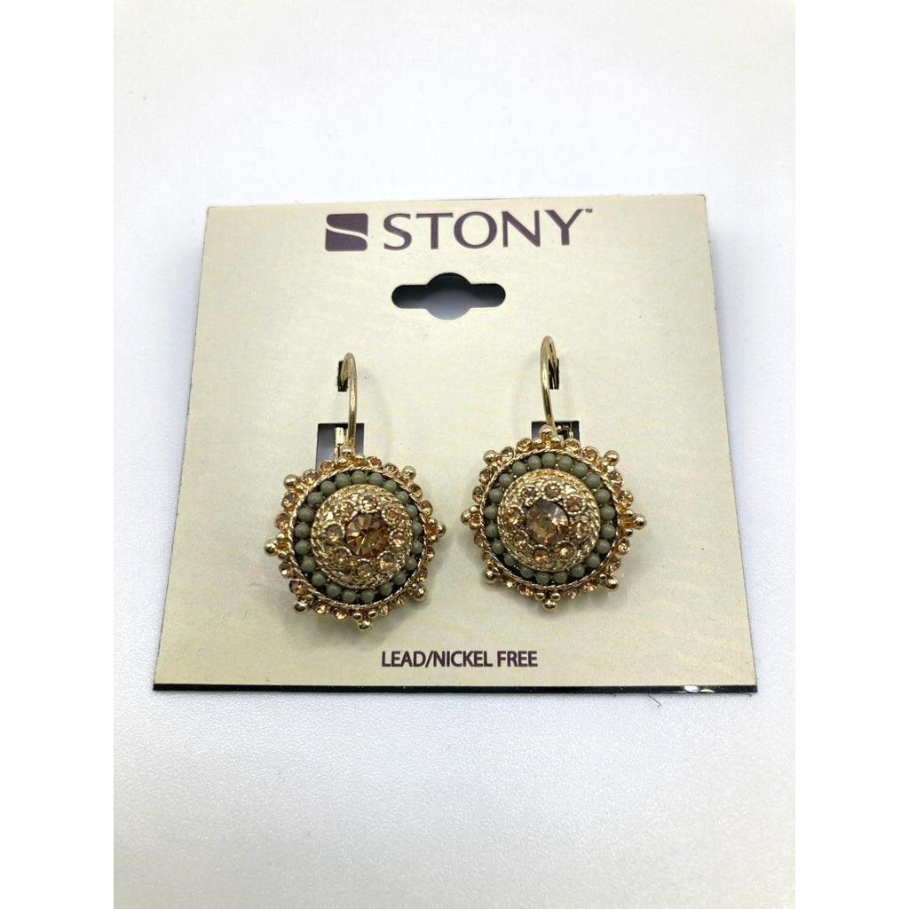STONY Gold Tone Shimmery Teal Beaded Rhinestone Boho Circle Drop Earrings