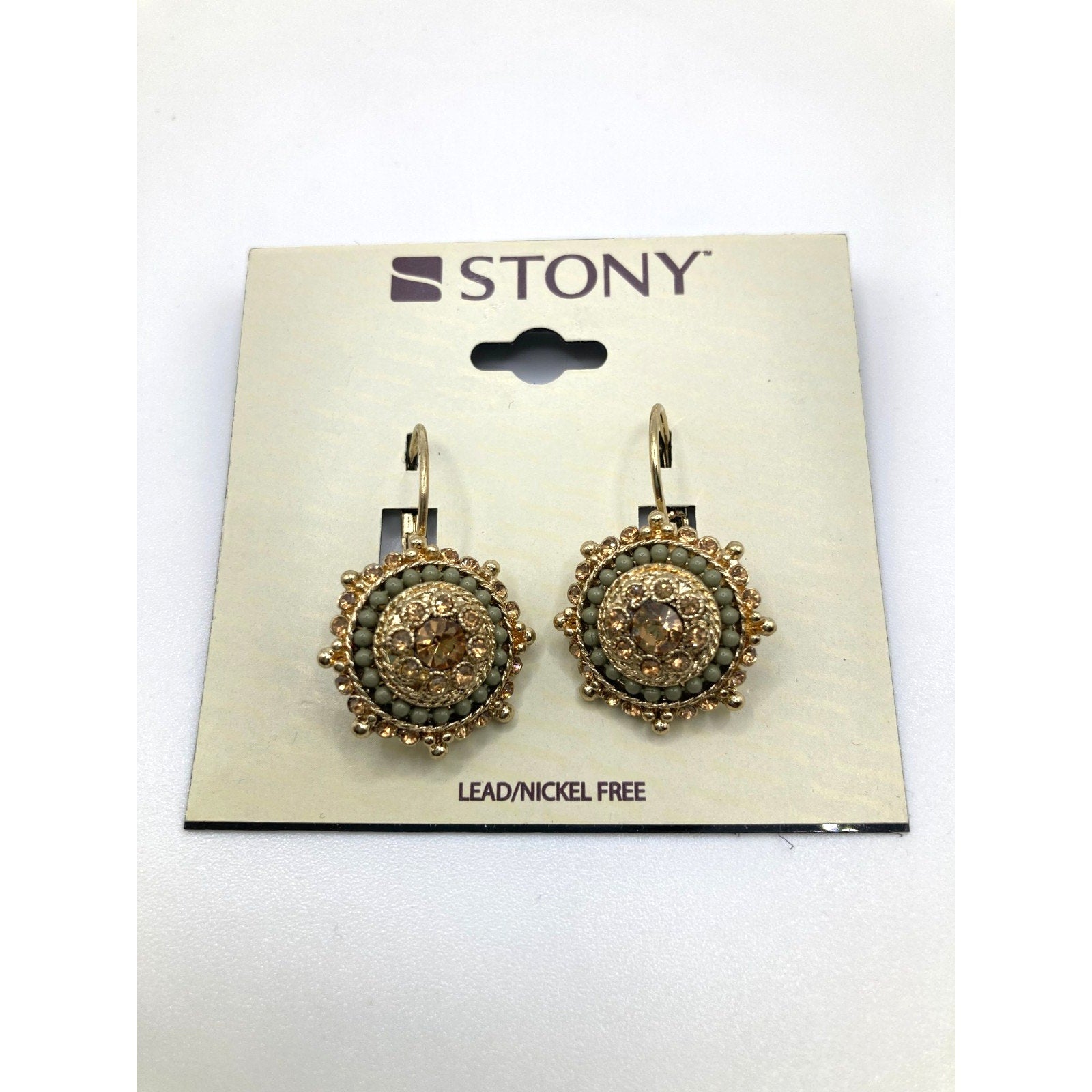 STONY Gold Tone Shimmery Teal Beaded Rhinestone Boho Circle Drop Earrings