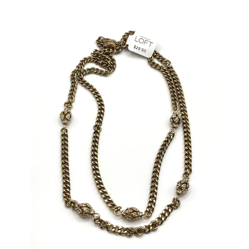 LOFT Gold Tone Vintage Inspired Rhinestone Eggs Station Curb Chain Necklace 32"