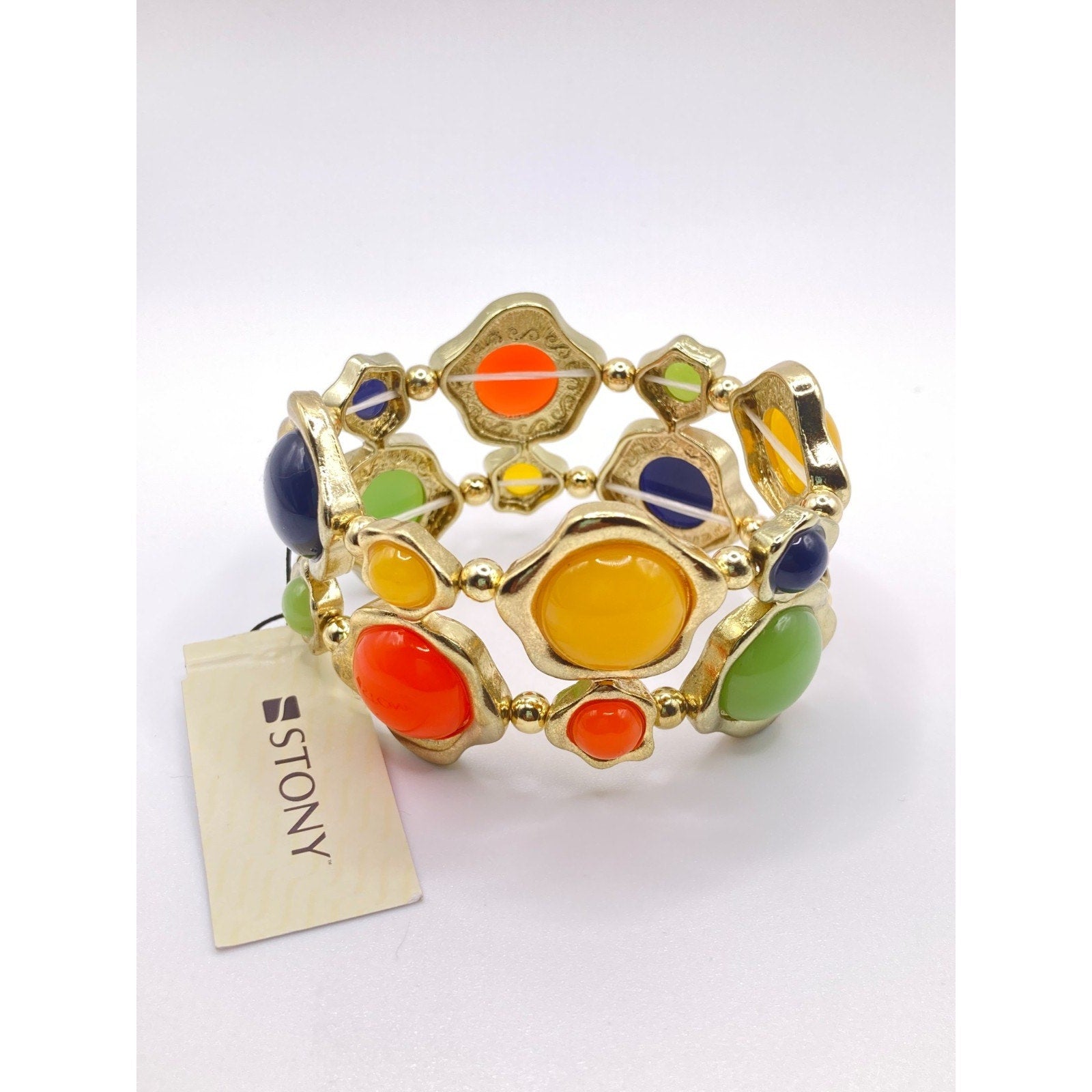 STONY Retro Gold Tone Orange Yellow Blue Green Cabochon Faux Stone Bracelet