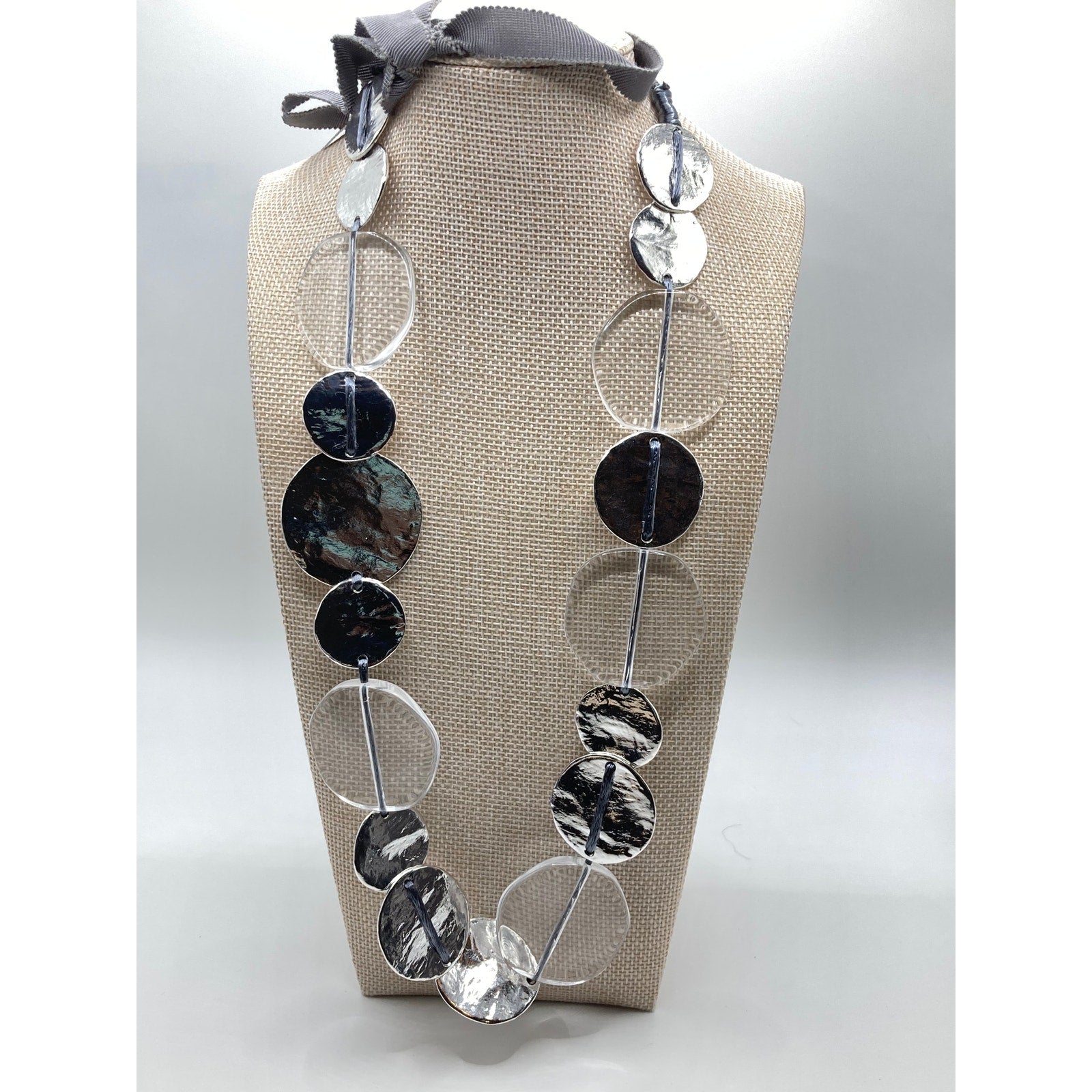 CHICO'S Textured Silver Tone & Translucent Shimmery Coins/Discs Station Necklace