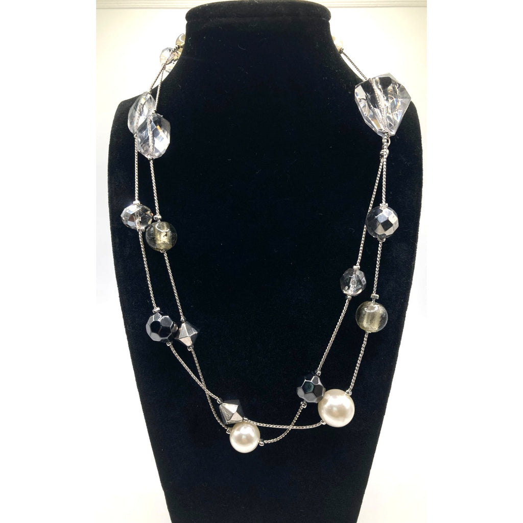 LOFT Silver Tone Faux Pearl, Grey, & Clear Bead Station Necklace Snake Chain 35"