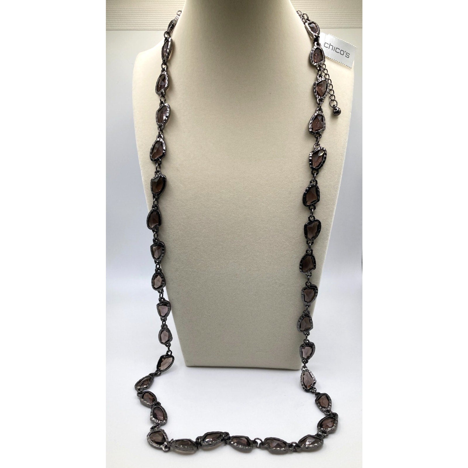 Chicos CZ Smoky Goth Purple Necklace Gunmetal Tone 38" Long Layering Necklace