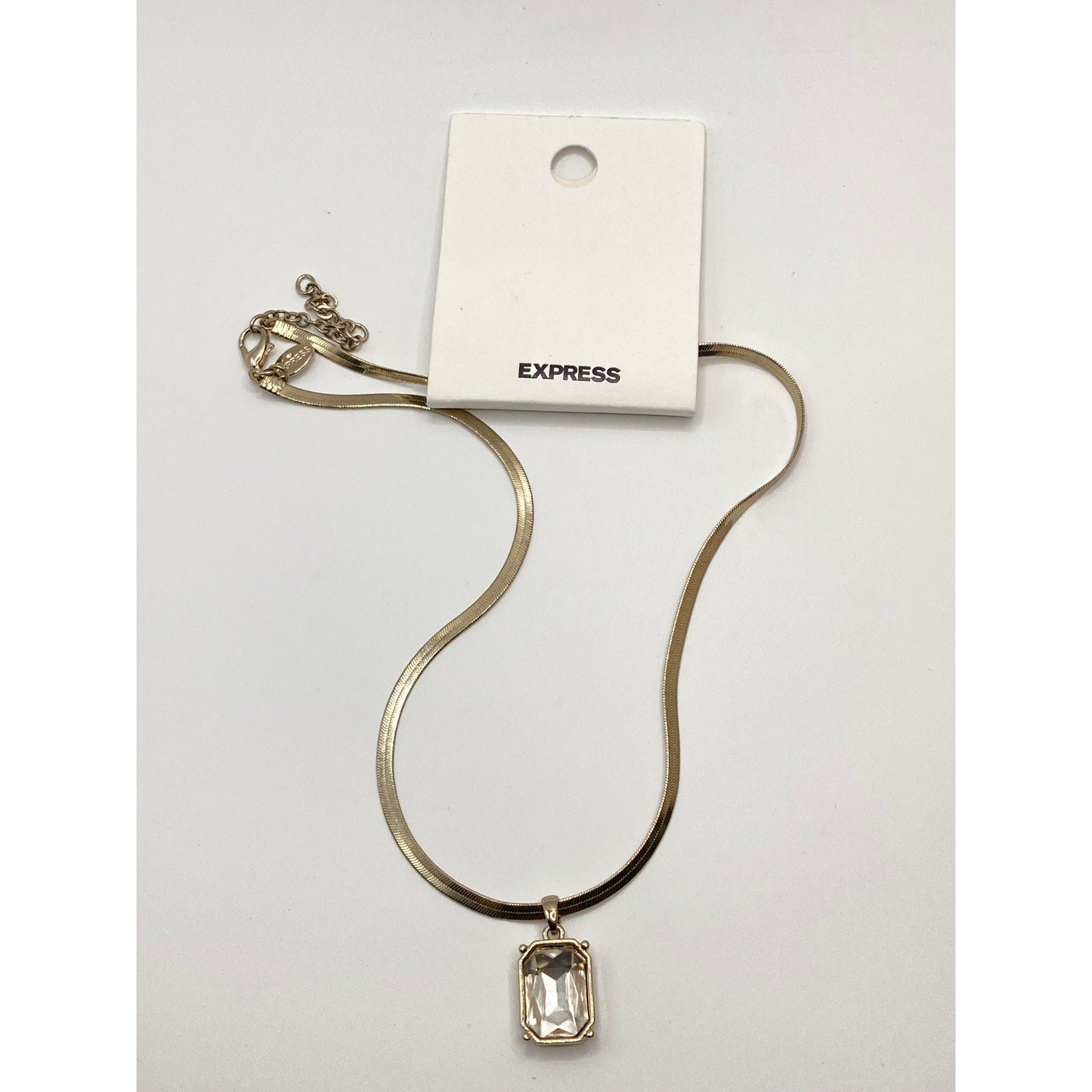 EXPRESS Gold Tone Clear Pendant Herringbone Chain Necklace 16" NEW
