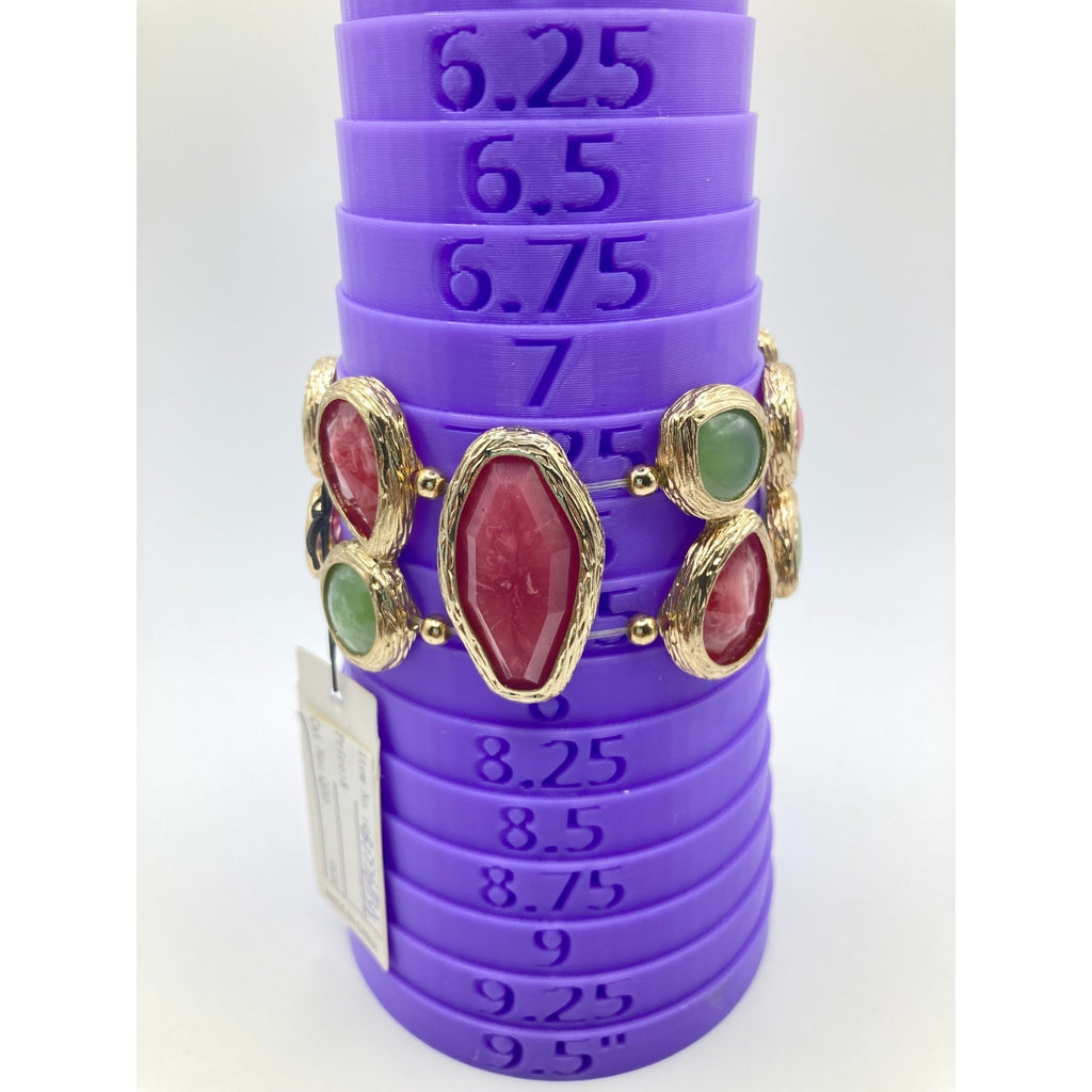 STONY Brushed Gold Tone Burgundy Red & Green 2-Row Stretch Bracelet Sz 7.5