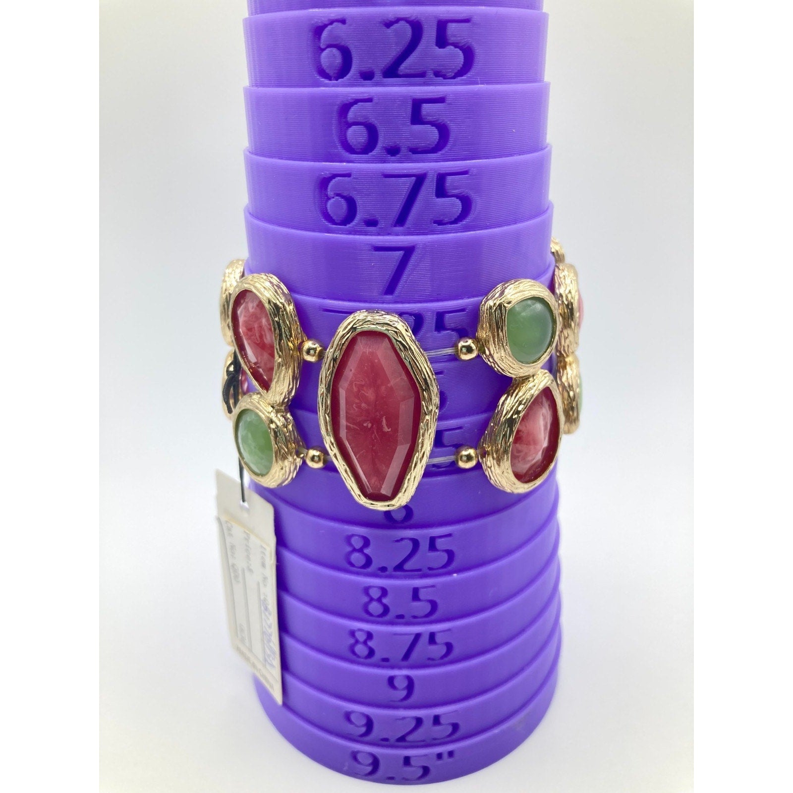 STONY Brushed Gold Tone Burgundy Red & Green 2-Row Stretch Bracelet Sz 7.5